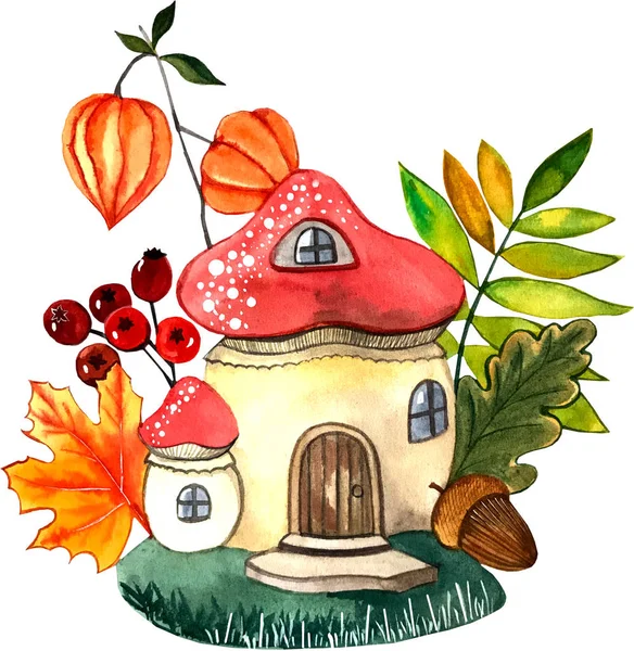 illüstrasyon suluboya.sonbahar ev-mantar