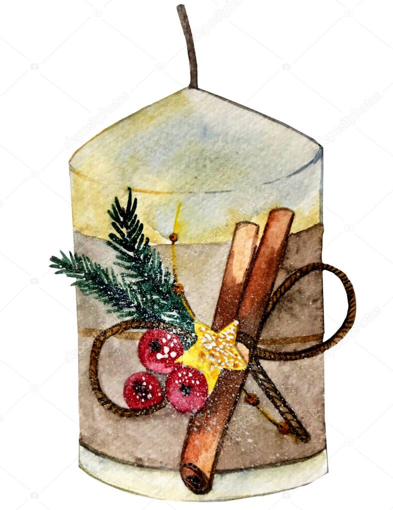 watercolor illustration. decorative Christmas candle