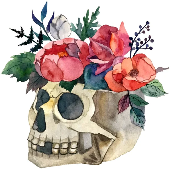 Ilustración de acuarela. cráneo con flores — Foto de Stock