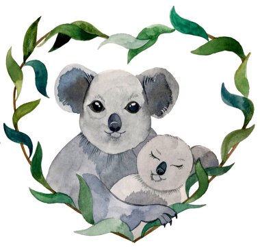 watercolor illustration. Koala mom and baby.