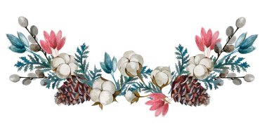 watercolor dried flowers, cotton, cones.