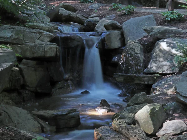 Küçük bir dere güneş tarafından vurgulanmış bir snigle rock ile zaman içinde donmuş bir şelale