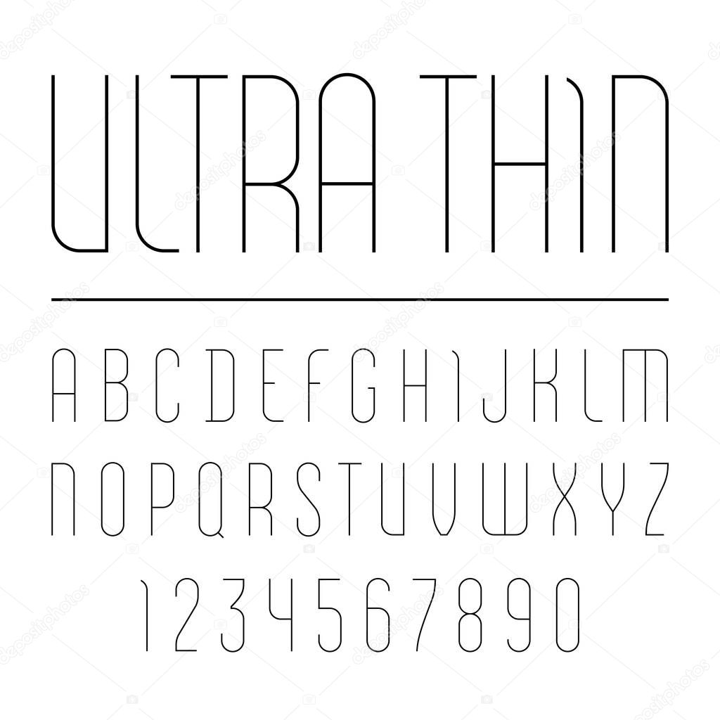 Font from ultra thin line, trendy simple alphabet sans serif, modern condensed black letters and numbers