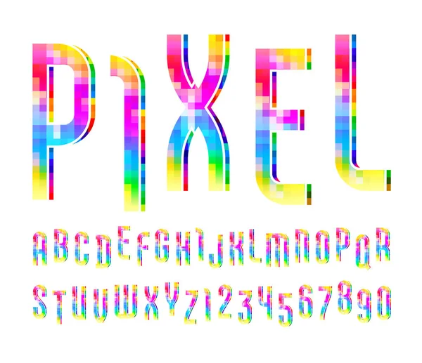 Pixel γραμματοσειρά από χρωματιστά pixel, μοντέρνα φωτεινό αλφάβητο sans serif, μοντέρνα ζωντανή πολύχρωμα γράμματα και αριθμούς — Διανυσματικό Αρχείο