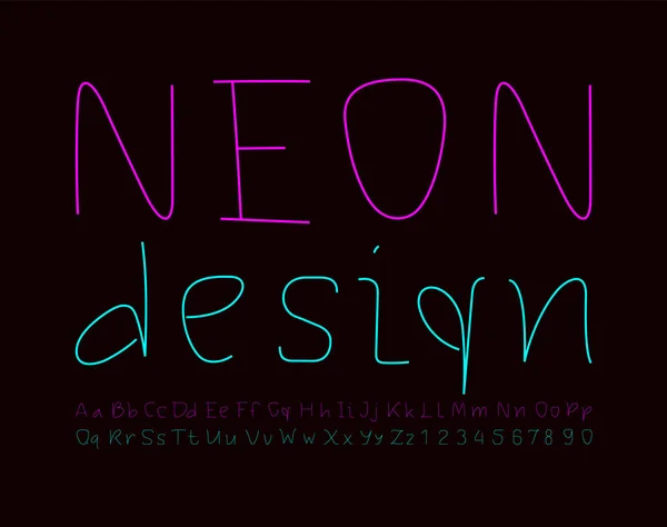 Eenvoudig neon lettertype, helder alfabet, hoofdletters en kleine letters van A tot Z en Arabische cijfers van 0 tot 9 voor uw ontwerpen, vector illustratie 10EPS — Stockvector