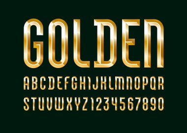 Oyma bloktan altın alfabe, altın metalik efektli yazı tipi, eğimli harfler ve sayılar, vektör illüstrasyonu 10EPS