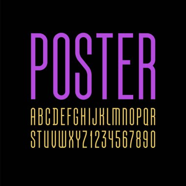 Yazı tipi retro renkli, yoğunlaştırılmış uzun düzenli alfabe. A 'dan Z' ye Latince harfler ve 0 'dan 9' a kadar Arap harfleri var. Tasarımlar, vektör illüstrasyonu 10EPS