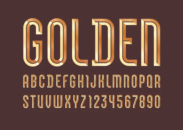 Goldenes Flachalphabet aus gemeißeltem Block, Schrift mit Goldmetallic-Effekt, abgeschrägte Buchstaben und Zahlen, Vektorillustration 10EPS — Stockvektor