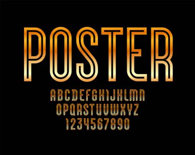 Altın stilin yüksek çelik yazı tipi, modaya uygun alfabe, A 'dan Z' ye Latince harfler ve 0 'dan 9' a kadar Arap rakamları tasarımlar, 10EPS vektör illüstrasyonu