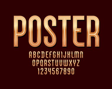 Altın stilin yüksek çelik yazı tipi, modaya uygun alfabe, A 'dan Z' ye Latince harfler ve 0 'dan 9' a kadar Arap rakamları tasarımlar, 10EPS vektör illüstrasyonu