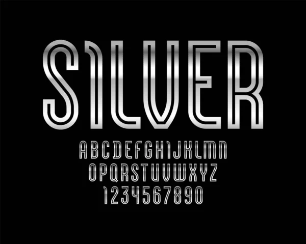 Hoog Stalen Lettertype Van Zilver Stijl Trendy Glanzend Alfabet Latijnse — Stockvector