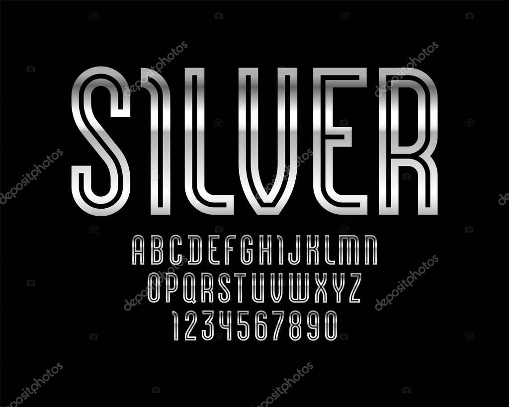 High steel font of silver style, trendy glossy alphabet, Latin letters from A to Z and Arab numbers from 0 to 9 for you designs, vector illustration 10EPS