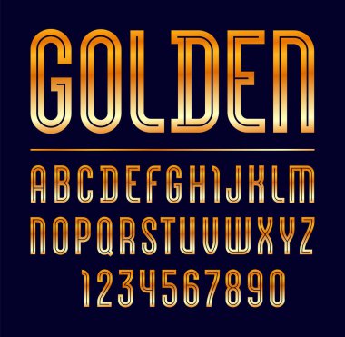 Altın stilin yüksek çelik yazı tipi, modaya uygun alfabe, A 'dan Z' ye Latince harfler ve 0 'dan 9' a kadar Arap rakamları tasarımlar, 10EPS vektör illüstrasyonu