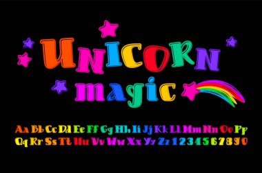 Sihirli parlak yazı tipi, çizgi film tarzında alfabe, çocuklar modaya uygun büyük harf ve küçük harfler ve numaralar sizin için tasarlanmış koyu arkaplan, vektör illüstrasyonu 10eps