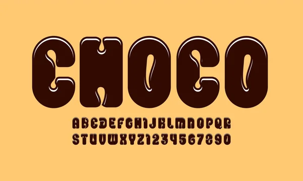 Fonte chocolat tendance, alphabet marron dans le style dessin animé, lettres arrondies de A à Z et chiffres de 0 à 9 pour vous dessins : logo, t-shirt, carte, affiche, illustration vectorielle 10EPS — Image vectorielle