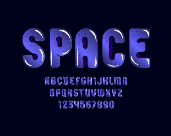 Violett slem typsnitt, söt alfabet i tecknad stil, gröna rundade bokstäver och siffror — Stock vektor