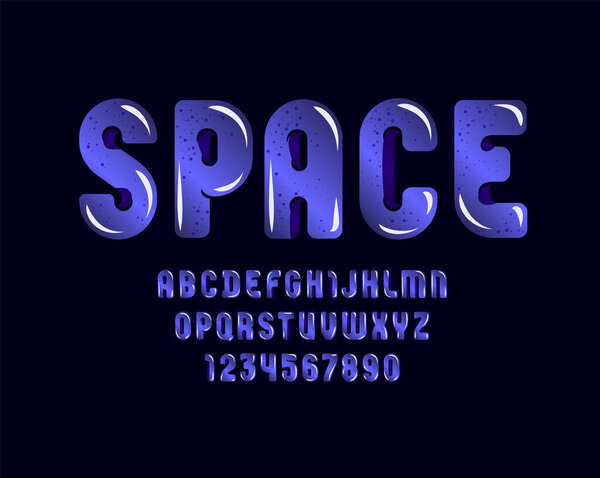 Violet slime font, cute alphabet in the cartoon style, green rounded letters and numbers