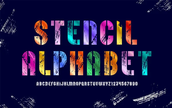Stencil πολύχρωμη γραμματοσειρά, συμπυκνωμένο φωτεινό αλφάβητο, σύγχρονα γράμματα και αριθμούς — Διανυσματικό Αρχείο