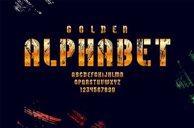Kalıp altın yazı tipi, yoğunlaştırılmış metalik alfabe, modern harfler ve sayılar
