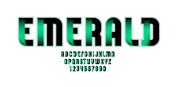 Fuente técnica esmeralda, alfabeto digital, letras y números — Vector de stock