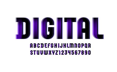 Violet technical font, digital alphabet, letters (A, B, C, D, E, F, G, H, I, J, K, L, M, N, O, P, Q, R, S, T, U, V, W, X, Y, Z) and numbers (0, 1, 2, 3, 4, 5, 6, 7, 8, 9), vector illustration 10EPS clipart