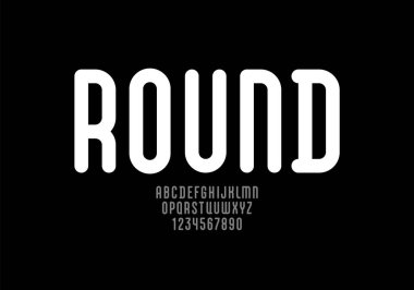 Yüksek font, yuvarlak ince alfabe serif, basit siyah harfler ve numaralar, tasarımlarınız için: logo, t-shirt, kart, poster