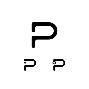 Teknik logo P harfi, dijital siber uzay yazı tipi, üç farklı sembol seti.