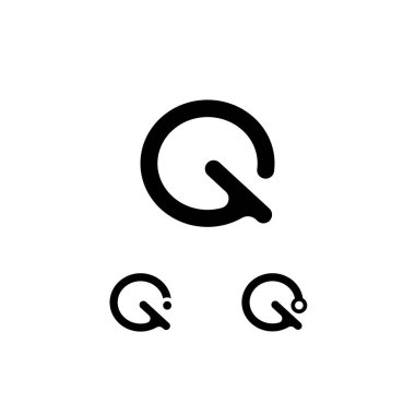 Teknik logo Q harfi, dijital siber uzay yazı tipi, üç farklı sembol seti.