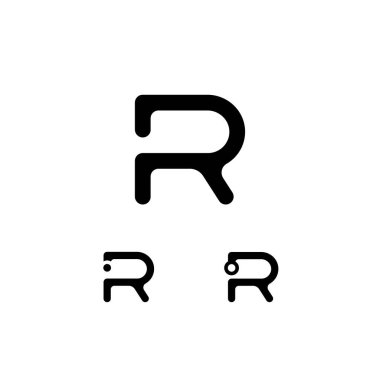 Teknik logo harfi R, dijital siber uzay yazı tipi, üç farklı sembol seti.