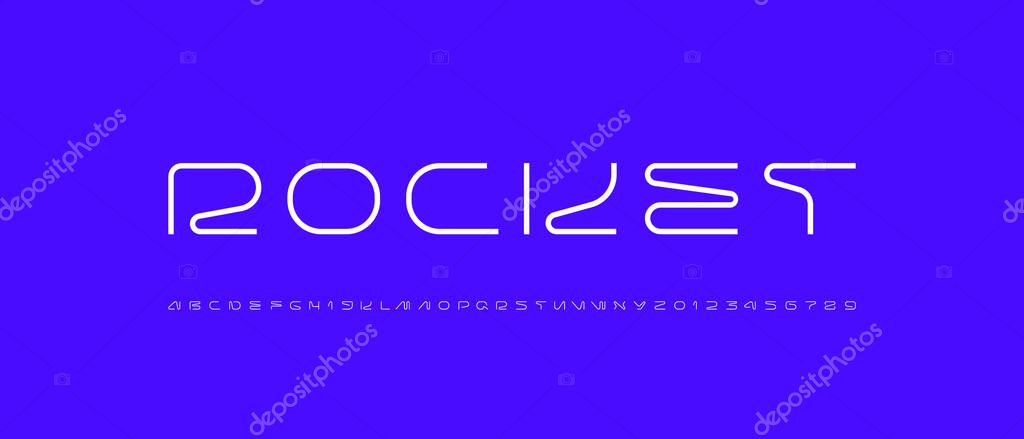 Technical wide thin future font, digital cyber alphabet, trendy letters from A, B, C, D, E, F, G, H, I, J, K, L, M, N, O, P, Q, R, S, T, U, V, W, X, Y, Z and numbers from 0, 1, 2, 3, 4, 5, 6, 7, 8, 9