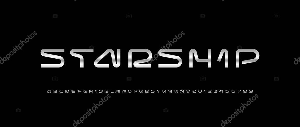 Technical chrome bold future font, digital cyber alphabet, trendy metallic letters A, B, C, D, E, F, G, H, I, J, K, L, M, N, O, P, Q, R, S, T, U, V, W, X, Y, Z and numbers 0, 1, 2, 3, 4, 5, 6, 7, 8, 9