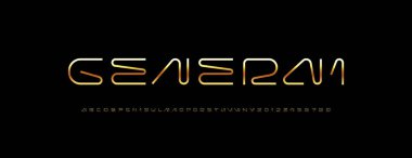 Technical golden thin font, digital cyber alphabet, trendy metallic letters A, B, C, D, E, F, G, H, I, J, K, L, M, N, O, P, Q, R, S, T, U, V, W, X, Y, Z and numbers 0, 1, 2, 3, 4, 5, 6, 7, 8, 9