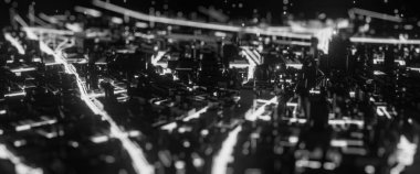 Tekno panorama peyzaj şehir Soyut 3d render. Kentsel ve fütüristik görsel teknoloji kavramları