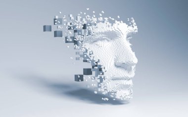 Soyut dijital insan yüzü. Büyük veri veya siber güvenlik yapay zeka kavramı. 3d illüstrasyon 
