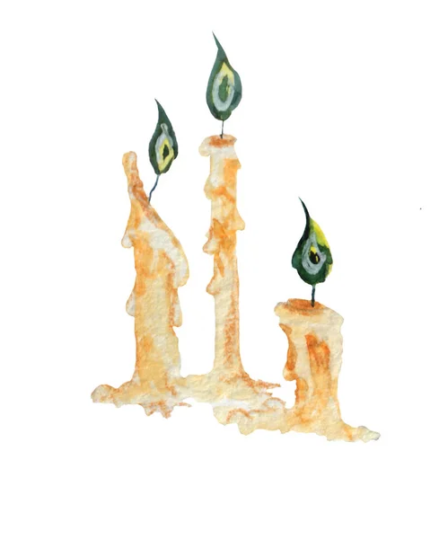 Candele con fiamma verde.Illustrazione ad acquerello isolata su sfondo bianco — Foto Stock