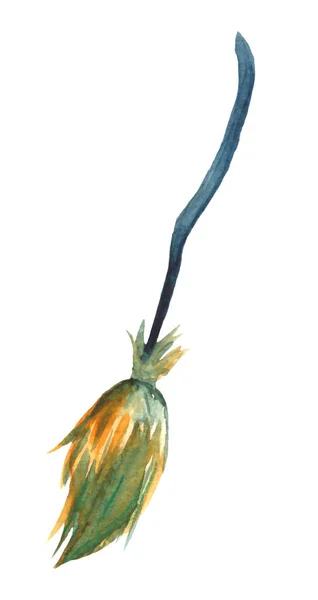 Old sweeping broom ,watercolor illustration on white background. Halloween — Stock Photo, Image