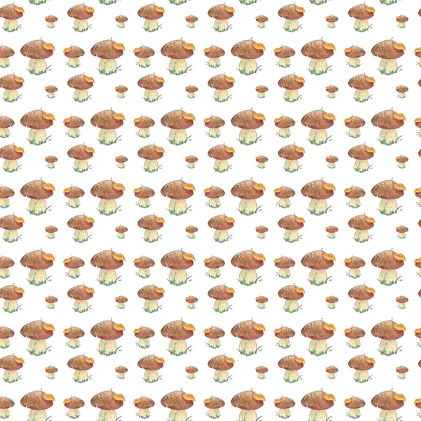 Безшовний візерунок Акварельний лісовий гриб з осіннім листям на шапці в траві . — стокове фото