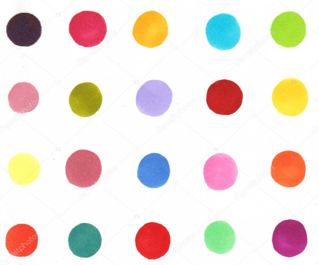 Pattern in multi-colored polka dots on a white background.
