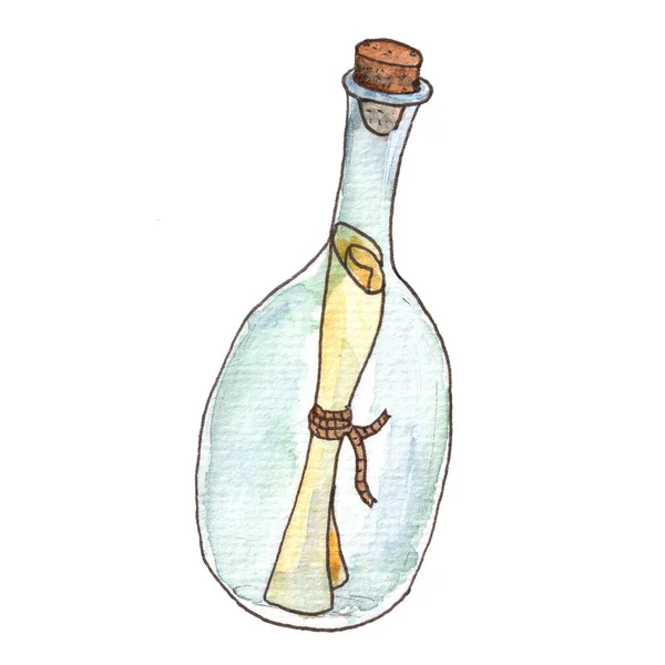 Message in bottle drawing watercolor illustration.A separate element of the pirate set isolated on a white background. — Stock Photo, Image