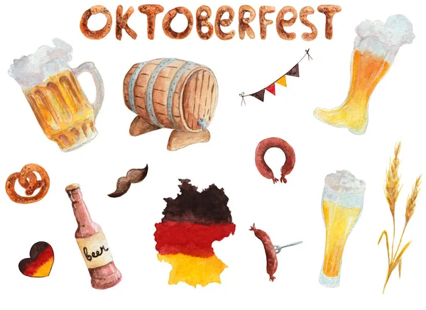 Conjunto de oktoberfest aquarela desenhado à mão, canecas, barril e copos de cerveja, salsichas, wurst, trigo e pretzels — Fotografia de Stock