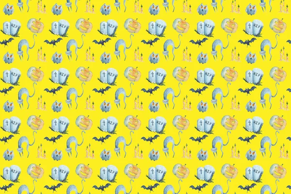 Watercolor seamless pattern on Halloween on yellow background. — Stock Photo, Image