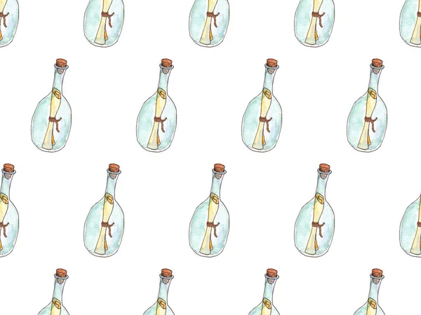 Flaschenpost mit Aquarell-Illustration. nahtloses Muster auf weißem Hintergrund. — Stockfoto