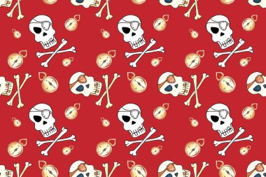 Göz bandı desenli Jolly Roger. Şeytani kafatası suluboya çizimi. Kırmızı arkaplanda pürüzsüz desen