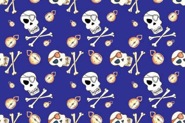 Göz bandı desenli Jolly Roger. Şeytani kafatası suluboya çizimi. Mavi arkaplanda pürüzsüz desen