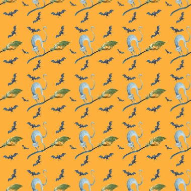 Suluboya Cadılar Bayramı kusursuz desen. Turuncu arka planda elle boyanmış sihirli semboller. Kedi, yarasa, süpürge, baykuş, büyücü şapkası. Tatil tasarımı.