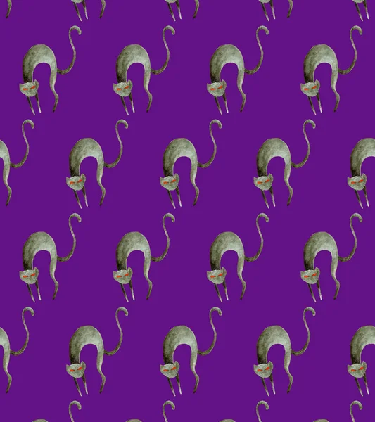 Watercolor Halloween seamless pattern.Hand painted illustration on purple background. Angry cat.