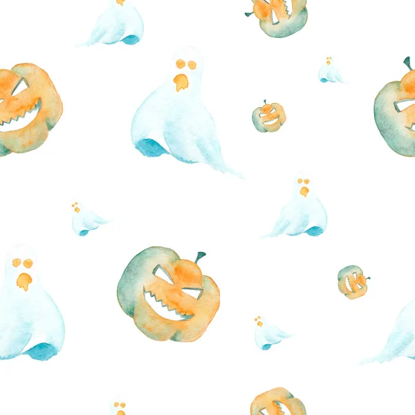 Płynny wzór z dynie i duchy Akwarela Halloween wzór na białym tle — Zdjęcie stockowe
