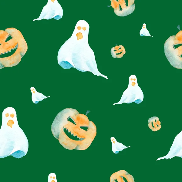 Modello senza cuciture con zucche e fantasmi. Acquerello modello Halloween su sfondo verde — Foto Stock