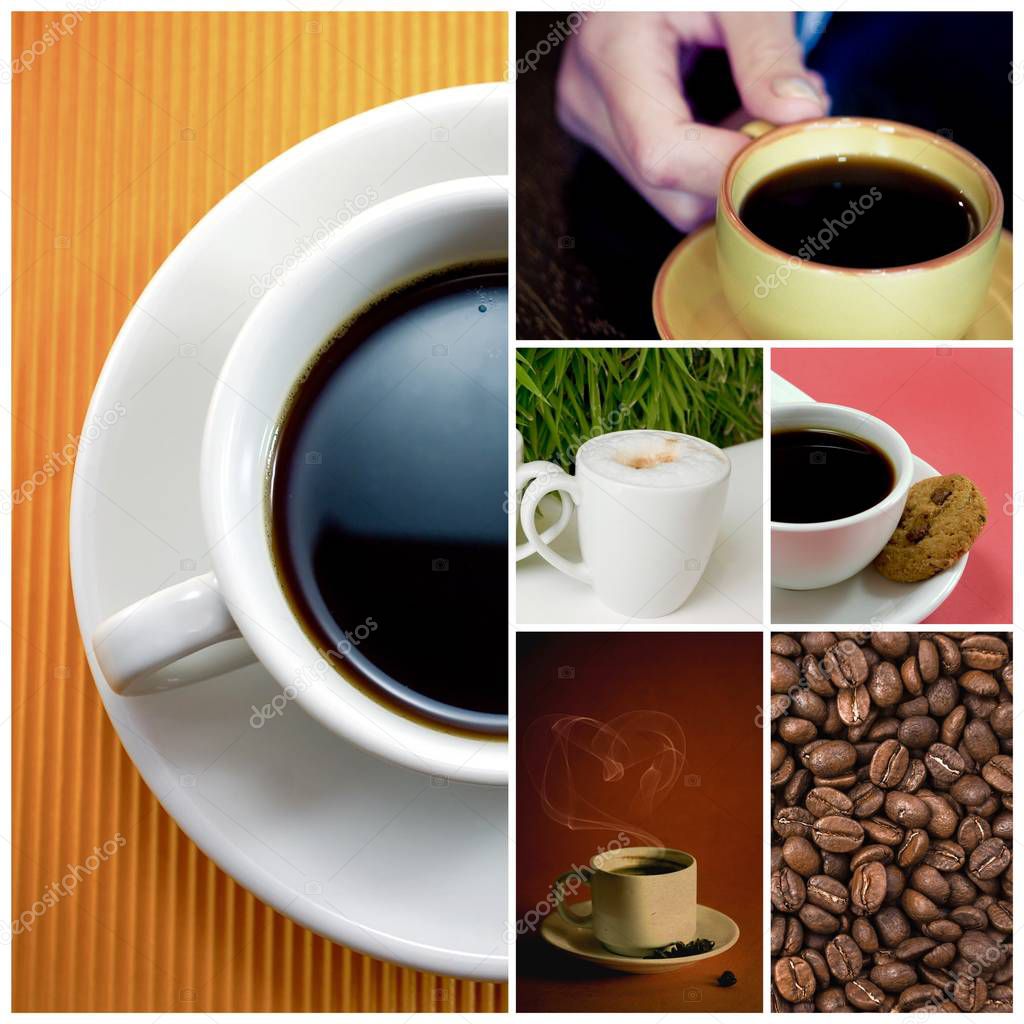 Fresh hot tasty coffee cup and background photo collage