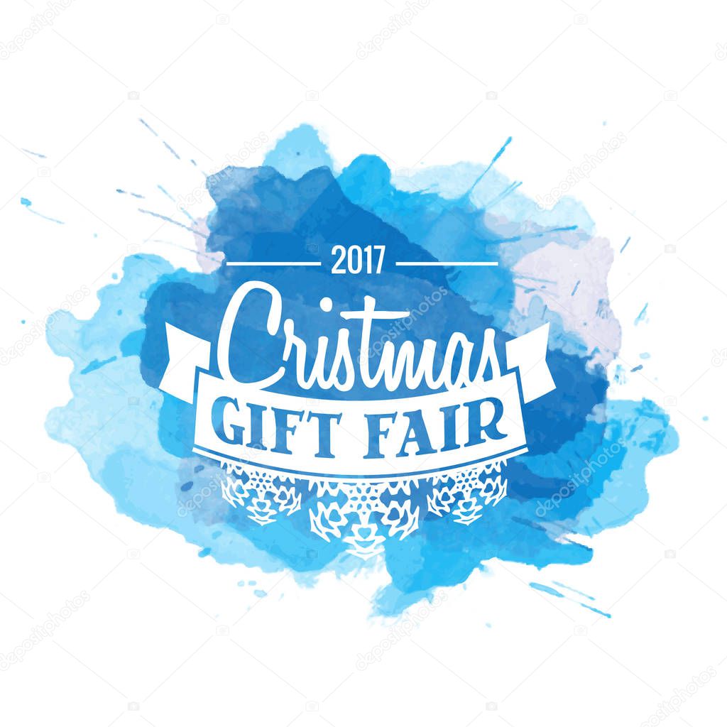 New year greeting card template. Merry Christmas logo on blue watercolor background
